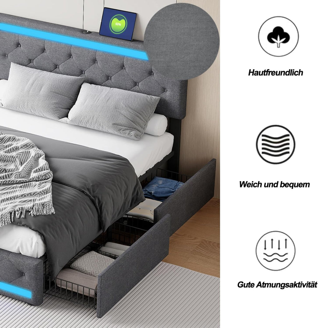 Lit double rembourré 140 x 190 cm avec 4 tiroirs, sommier à lattes, éclairage LED et ports USB, tête de lit réglable