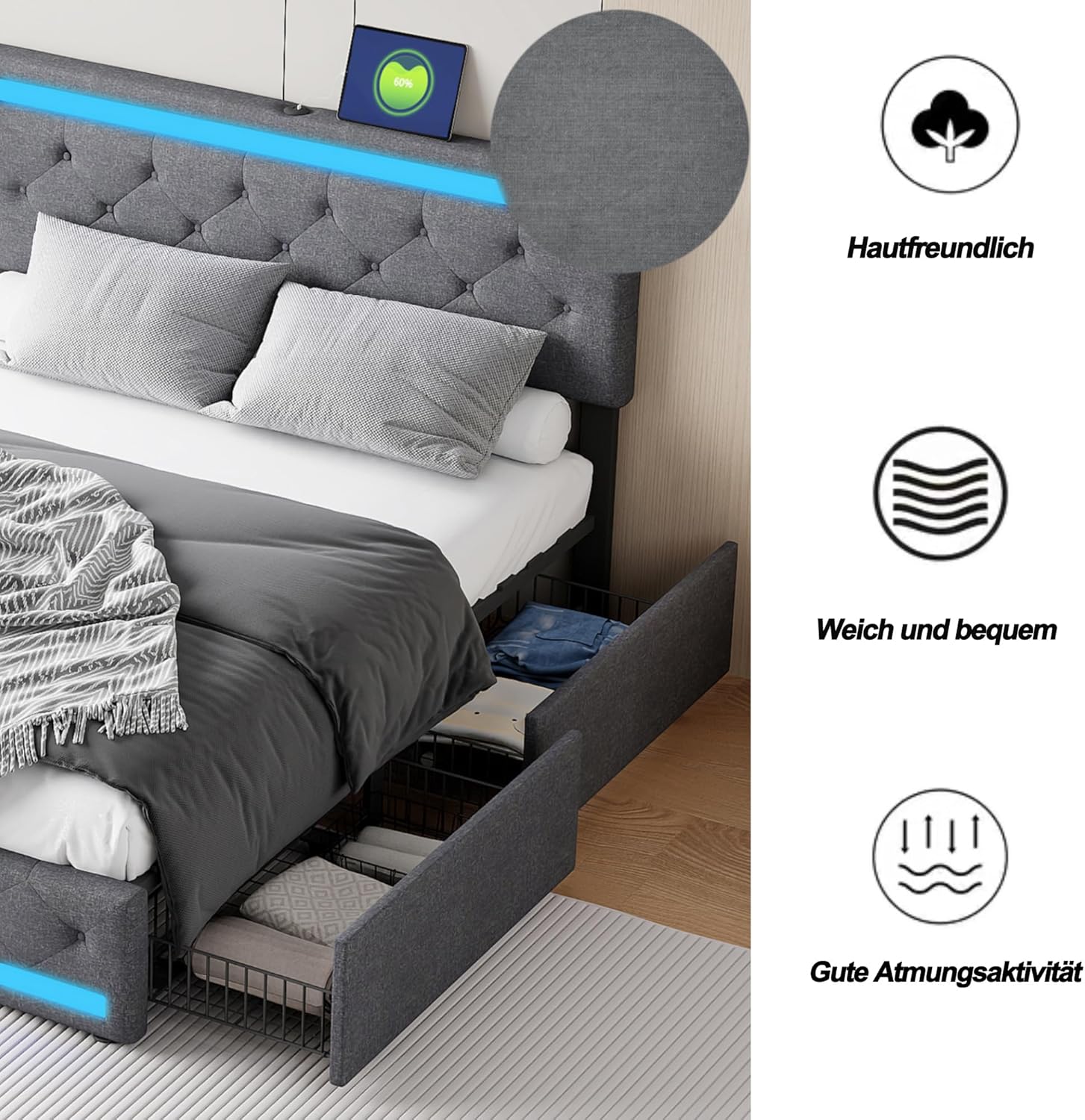 Lit double rembourré 140 x 190 cm avec 4 tiroirs, sommier à lattes, éclairage LED et ports USB, tête de lit réglable