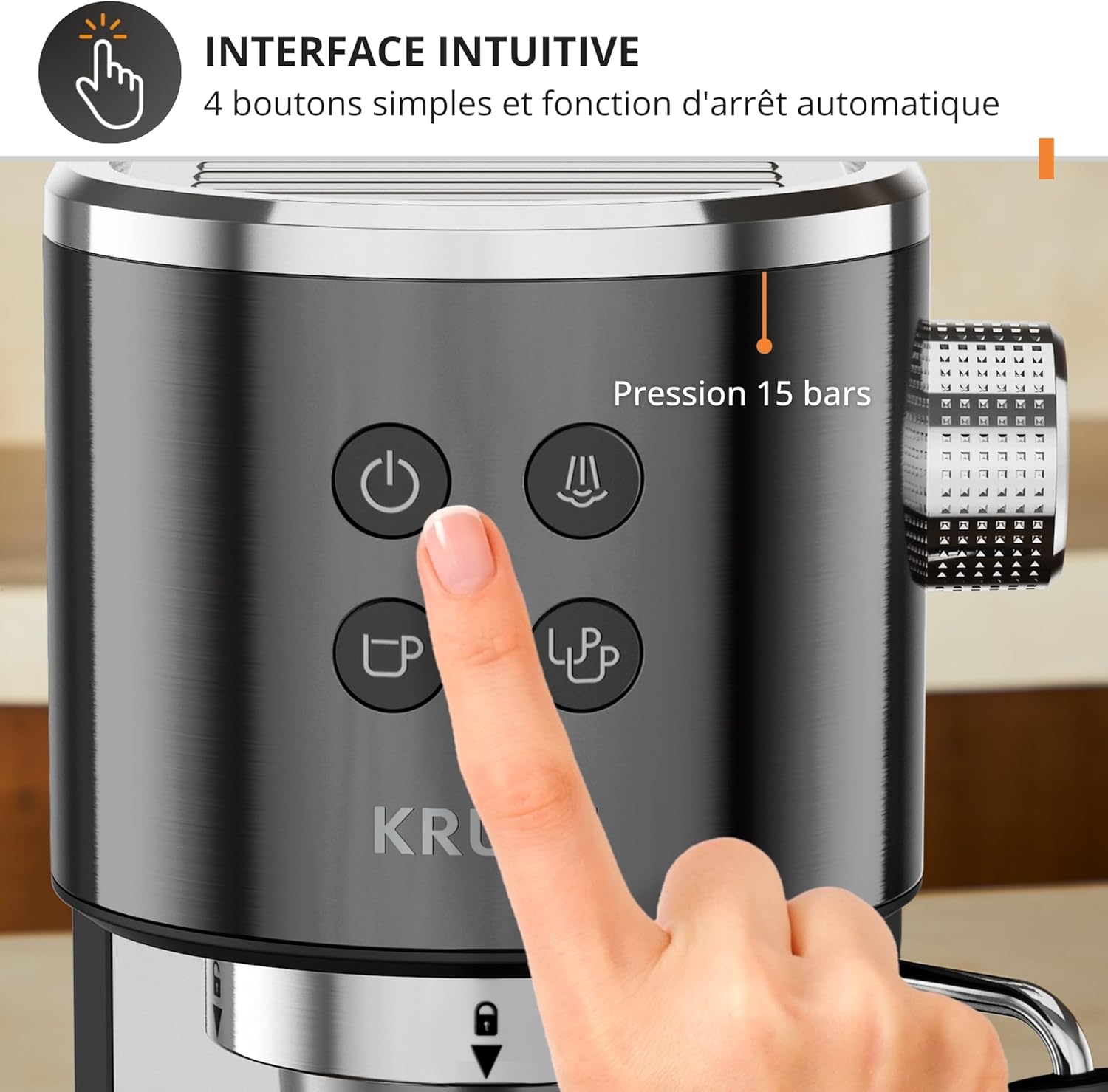 Krups Virtuoso+, Machine expresso manuelle, Café à pompe, Café moulu ou dosettes, 15 bars, Inox, Buse vapeur, Espresso et cappuccino, Noire, XP444G10