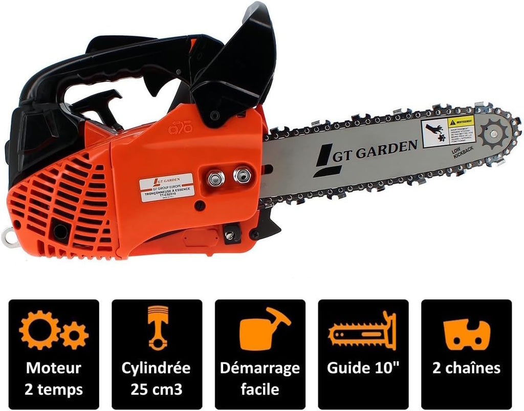 GT GARDEN Tronçonneuse élagueuse thermique 25 cm3, 1 CV, guide 26 cm, 2 chaînes