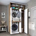 ROOMART Dora - Meuble pour machine à laver - Pour sèche-linge et machine à laver - En 4 couleurs - Avec portes et panneau coulissant - Blanc - Chêne blanc - Chêne anthracite - Chêne blanc (chêne blanc)