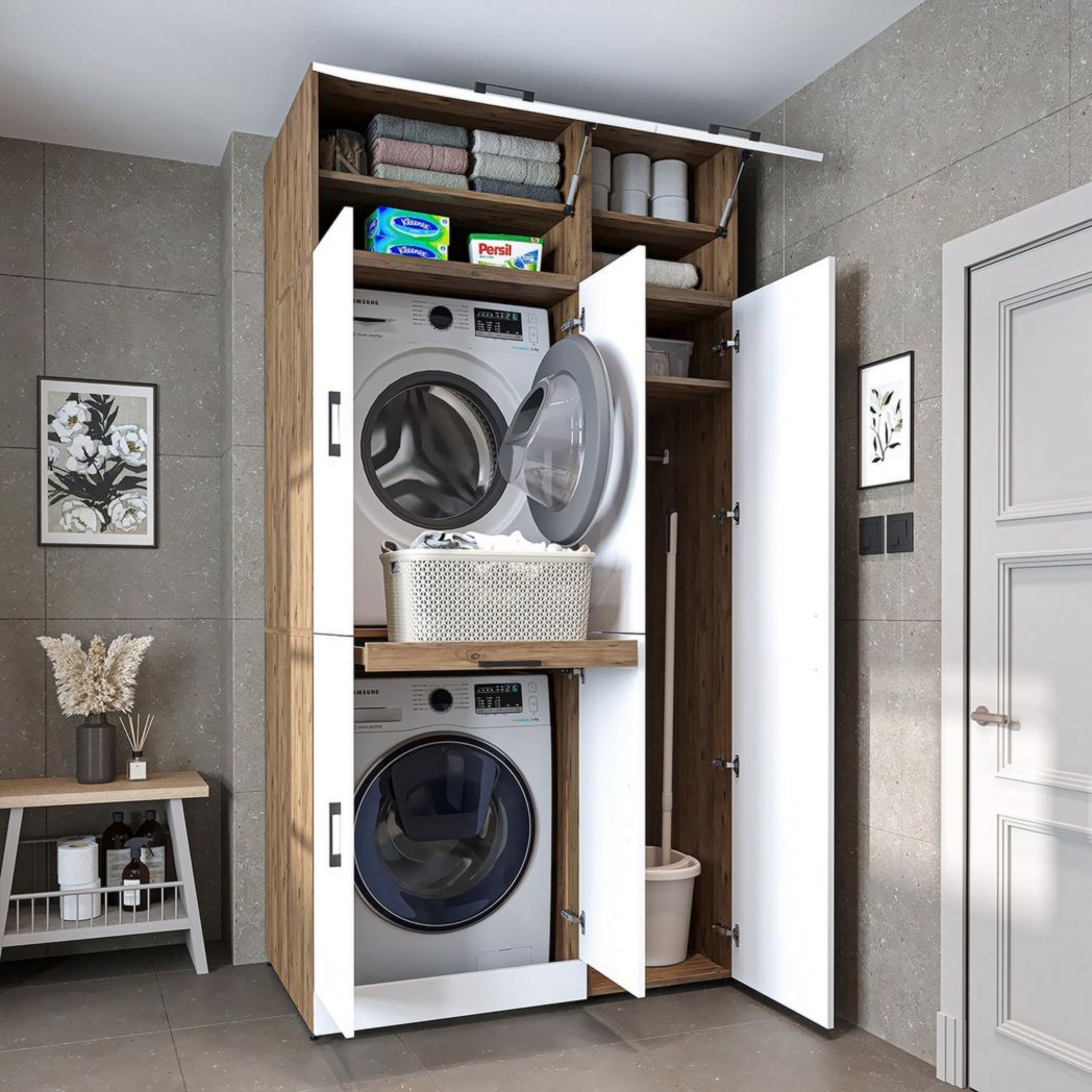 ROOMART Dora - Meuble pour machine à laver - Pour sèche-linge et machine à laver - En 4 couleurs - Avec portes et panneau coulissant - Blanc - Chêne blanc - Chêne anthracite - Chêne blanc (chêne blanc)