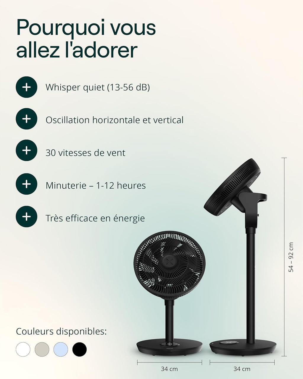 Duux Ventilateur intelligent Whisper Flex 2 – ultra silencieux 13 dB – mode nuit & minuterie – hauteur réglable (54–92 cm) – 2W éco – contrôle app & télécommande – Noir