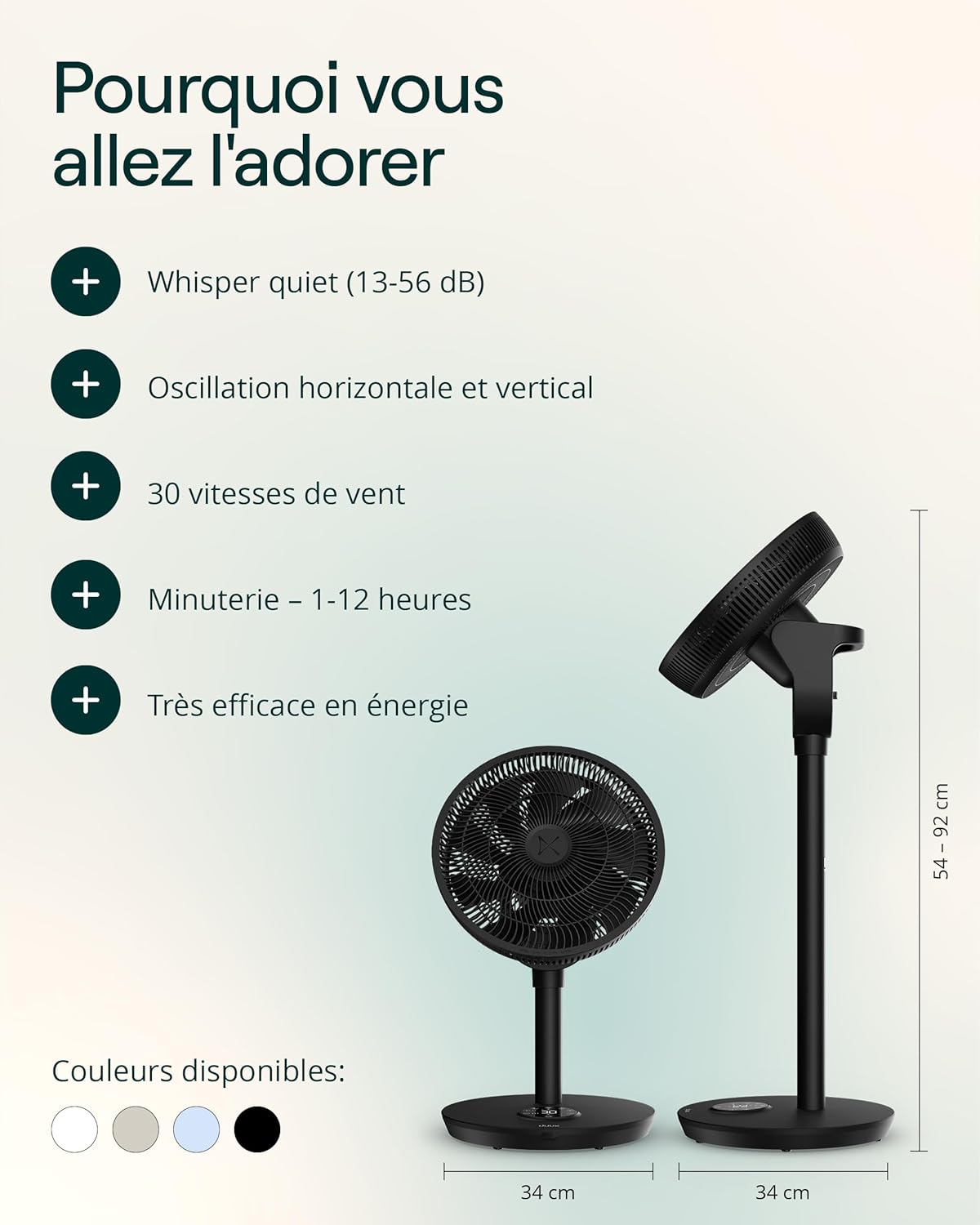 Duux Ventilateur intelligent Whisper Flex 2 – ultra silencieux 13 dB – mode nuit & minuterie – hauteur réglable (54–92 cm) – 2W éco – contrôle app & télécommande – Noir