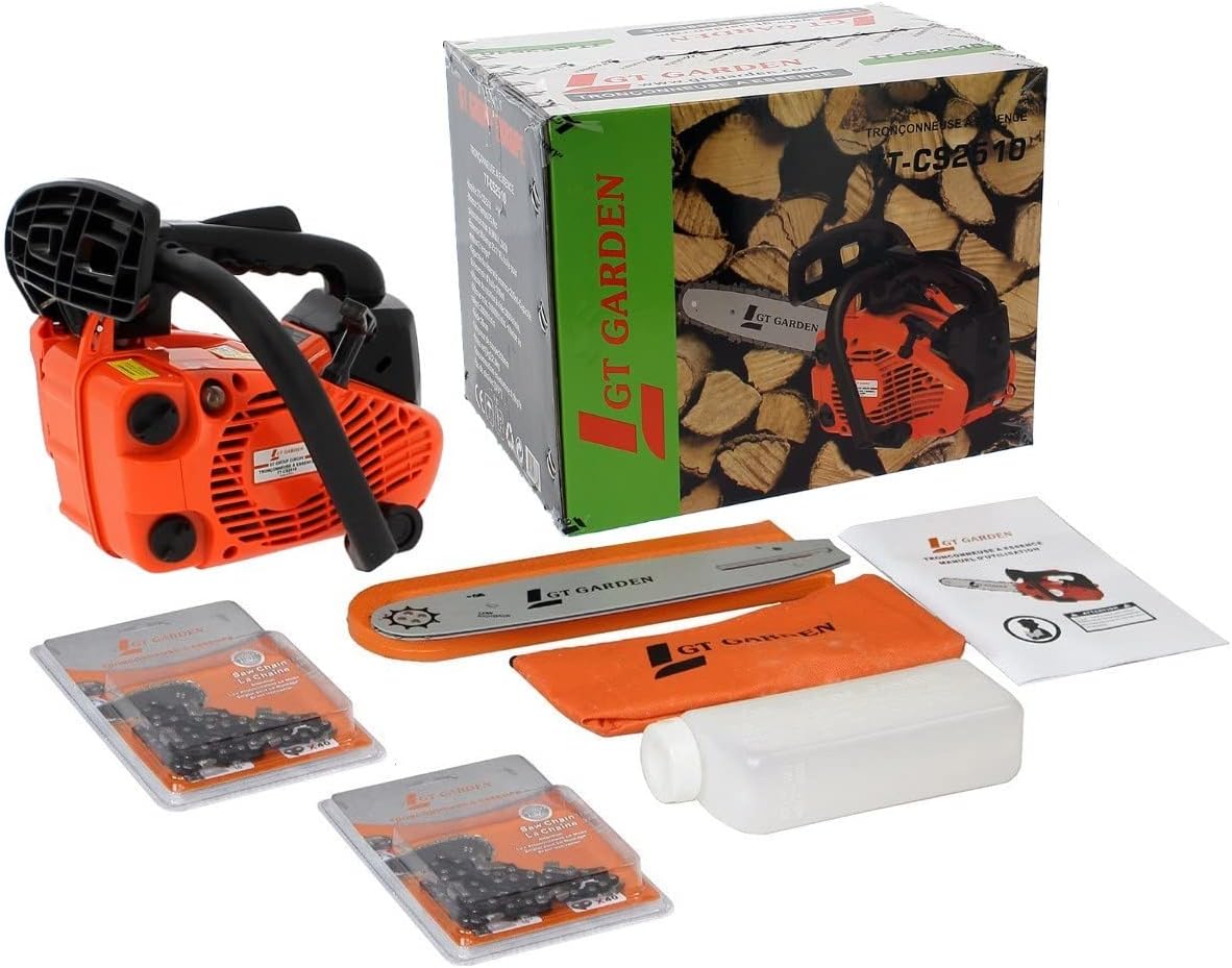 GT GARDEN Tronçonneuse élagueuse thermique 25 cm3, 1 CV, guide 26 cm, 2 chaînes