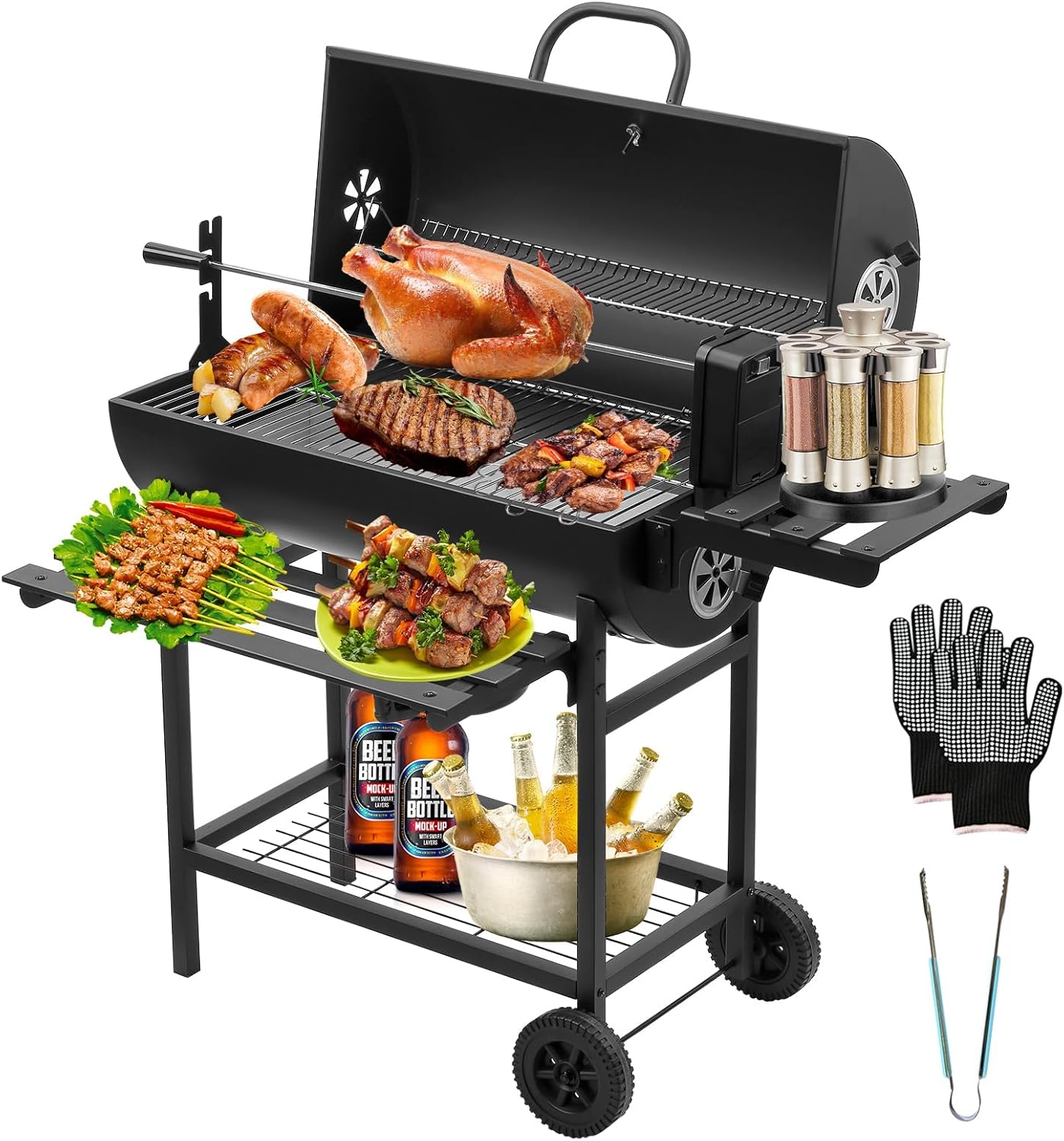 TEENO Barbecue Charbon de Bois,avec Grille de Cuisson XXL,Gants Anti-BrûLures, ThermomèTre,Tiroir à Cendres, éVent RéGlable,Grand Barbecue au Charbon de Bois(Upgraded (with Chicken Grill))