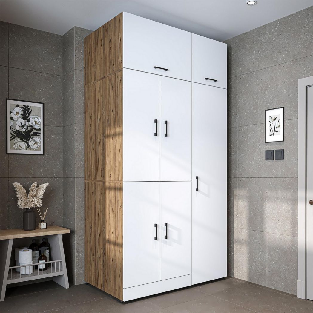 ROOMART Dora - Meuble pour machine à laver - Pour sèche-linge et machine à laver - En 4 couleurs - Avec portes et panneau coulissant - Blanc - Chêne blanc - Chêne anthracite - Chêne blanc (chêne blanc)