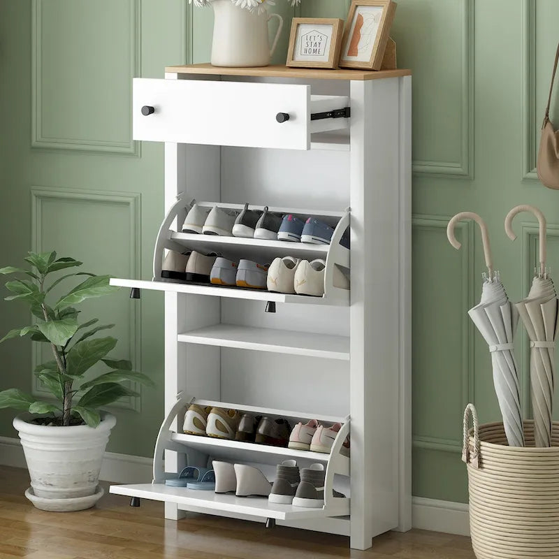 Entryway Organizer with 2 Drawers,Wood Grain Pattern Top Shoe Cabinet with Drawer, Free Standing Shoe Rack with Adjustable Panel