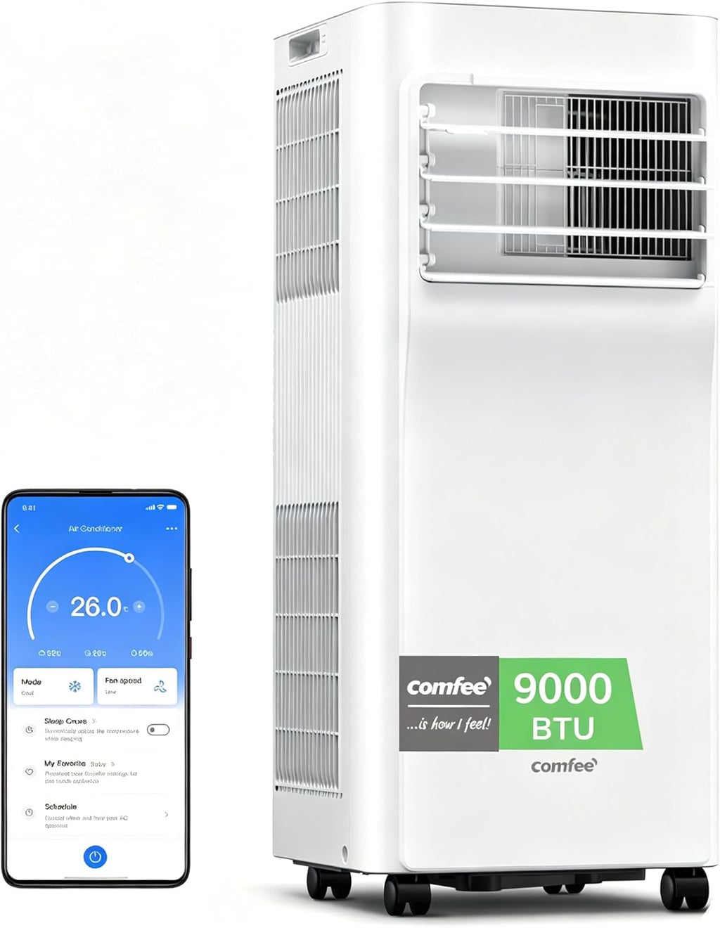 COMFEE' Climatiseur Mobile 9000 BTU/h 2,6kW, Contrôle APP, 3 Modes, 3 Vitesses de ventilation, Dimensions compactes, Pour pièces de 33㎡, Breezy Cool 2.6, Fonctionne avec Alexa