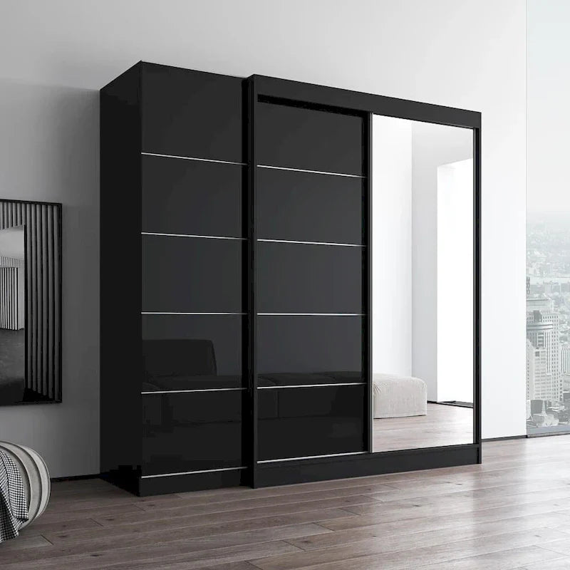 2-Door Wardrobe with Mirror, Glass Front, 2-Person (Gray / Black / White)