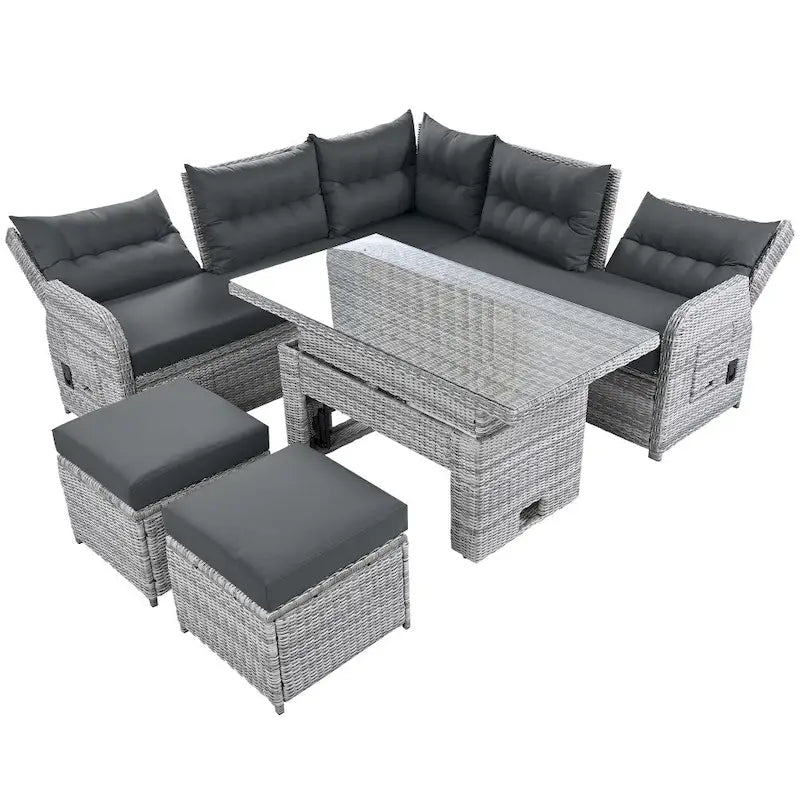 Outdoor Rattan Furniture Set with Adjustable Table, Recliners and 2 Ottomans