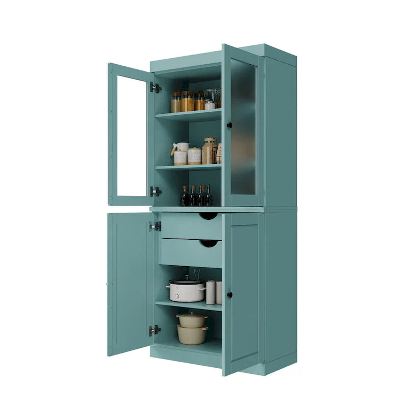 100% Solid Wood Pantry Cabinet with Frosted Glass Doors, Solid Doors, 2-Drawers and Adjustable Shelves