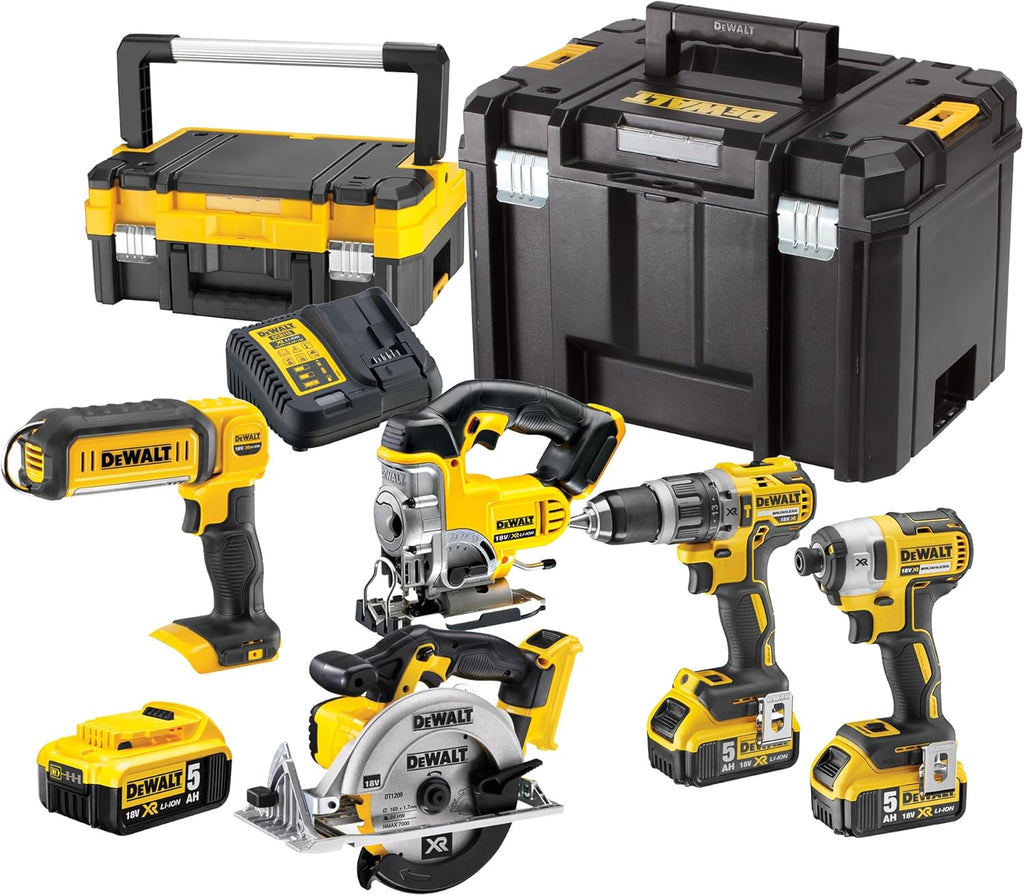 DEWALT - Pack 5 outils XR 18V, 1 perceuse-visseuse, 1 visseuse à chocs à 3 vitesses, 1 scie sauteuse, 1 scie circulaire, 1 lampe LED, 3 batteries 5Ah, 1 chargeur et 2 coffrets TSTAK, DCK551P3T-QW