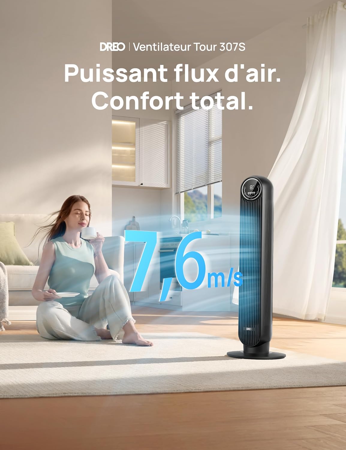 DREO Ventilateur tour intelligent avec fonction WiFi, ventilateur silencieux avec contrôle vocal et télécommande, oscillation à 90°, 4 modes, 4 vitesses, minuterie 8H, ventilateur de refroidissement