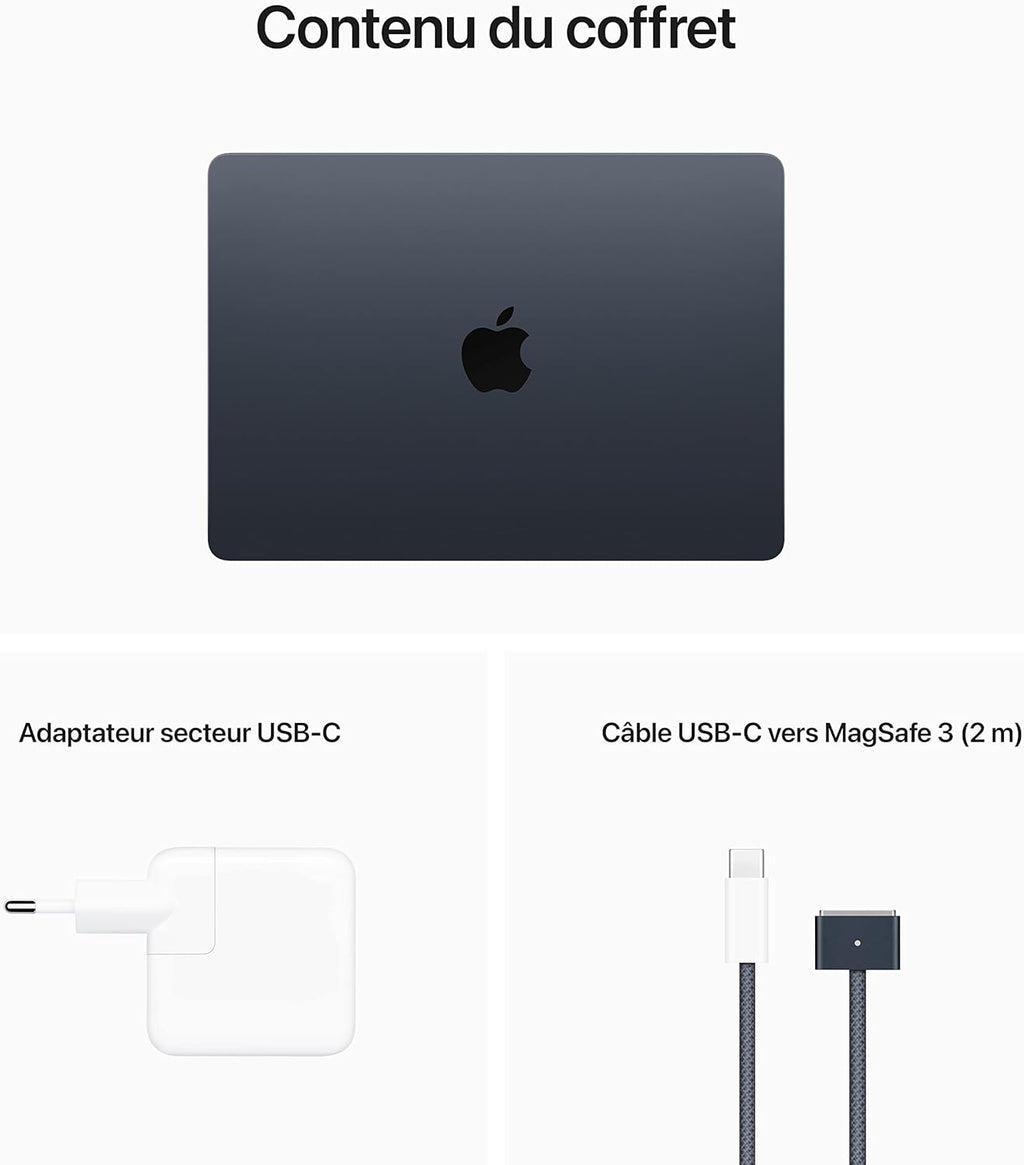 Apple MacBook Air Portable avec Puce M2 : écran Liquid Retina de 13,6 Pouces, 16 Go de RAM, 256 Go de Stockage SSD, Clavier rétroéclairé, caméra FaceTime HD 1080p ; Minuit