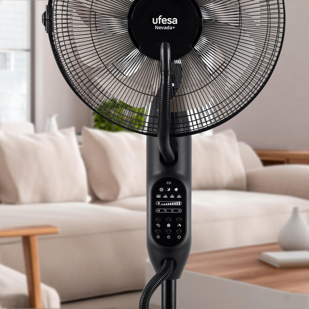 UFESA Mist Fan VNDC Ventilateur Brumisateur, Ultra Silencieux, Télécommande, 3 Modes, Minuterie, 9 Vitesses, 40cm de Diamètre, 8 Pales, 60W, Noir