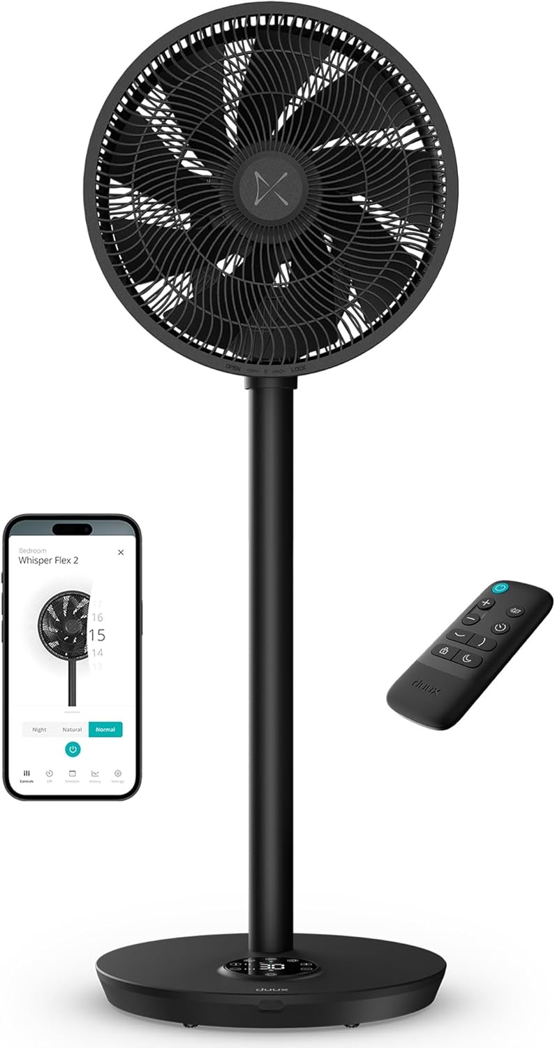 Duux Ventilateur intelligent Whisper Flex 2 – ultra silencieux 13 dB – mode nuit & minuterie – hauteur réglable (54–92 cm) – 2W éco – contrôle app & télécommande – Noir