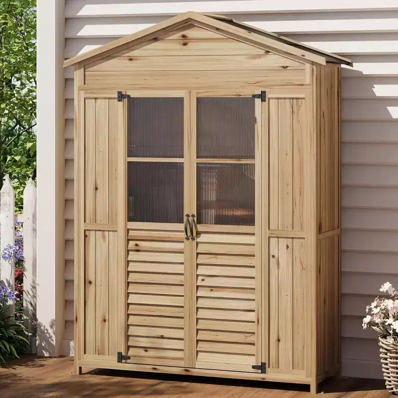 Weather-Resistant Wooden Patio Cabinet  Fir Wood with Waterproof Roof, 6 Adjustable Shelves, Stakes & Anti-Falling Kits  Ideal for Garden Tools