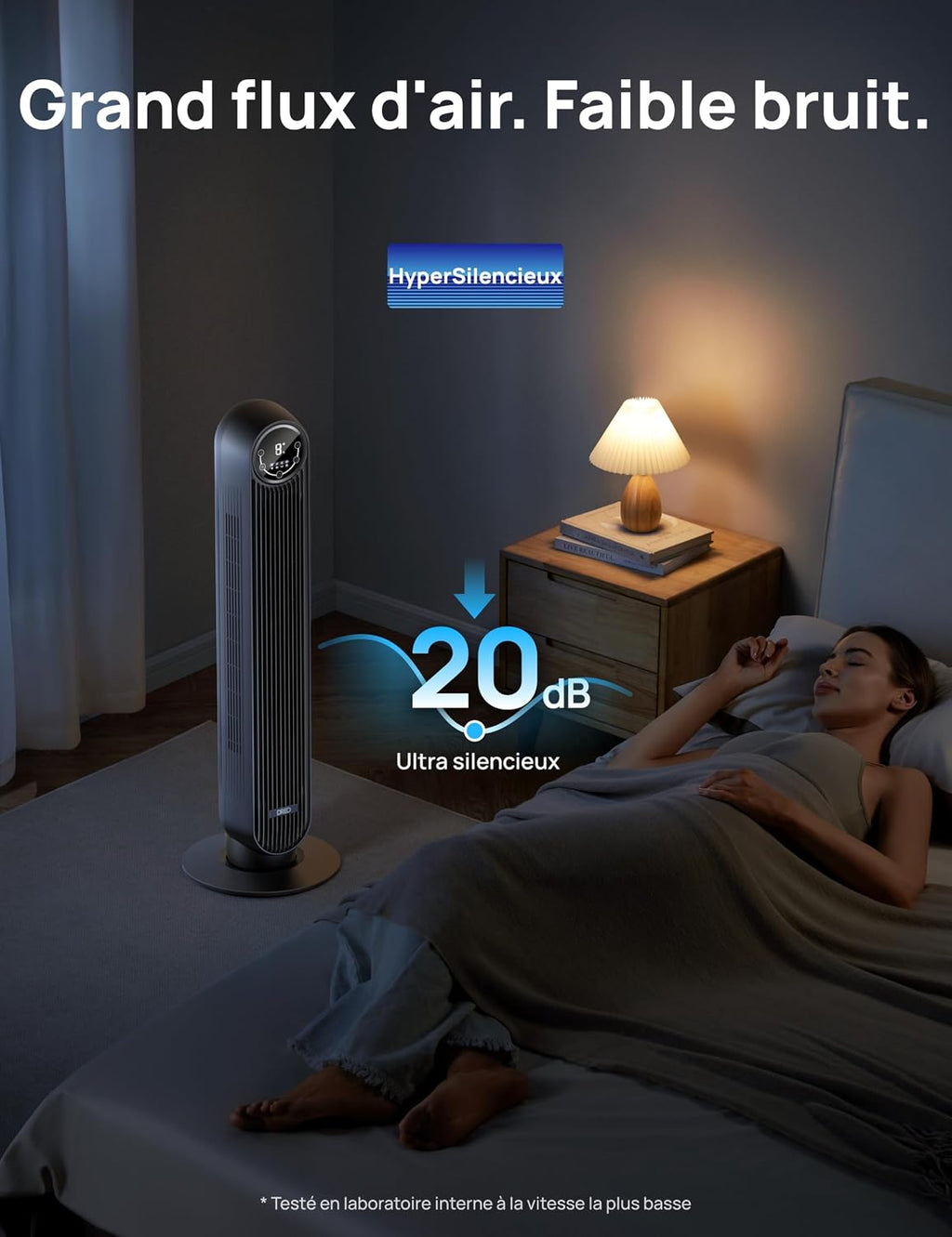 DREO Ventilateur tour intelligent avec fonction WiFi, ventilateur silencieux avec contrôle vocal et télécommande, oscillation à 90°, 4 modes, 4 vitesses, minuterie 8H, ventilateur de refroidissement