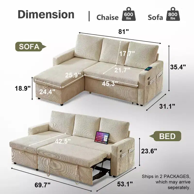 Dyonery 81 Sectional Sleeper Sofa, L-Shaped Pull Out Couch with Reversible Storage Chaise, USB, Reclining Backrest