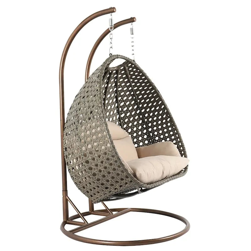 Egg-Shaped Hanging Swing Chair with Metal Stand, Wicker Frame & Cushion �C Beige / Charcoal Blue / White / Blue / Antique White / Brown / Canvas, Seats 2