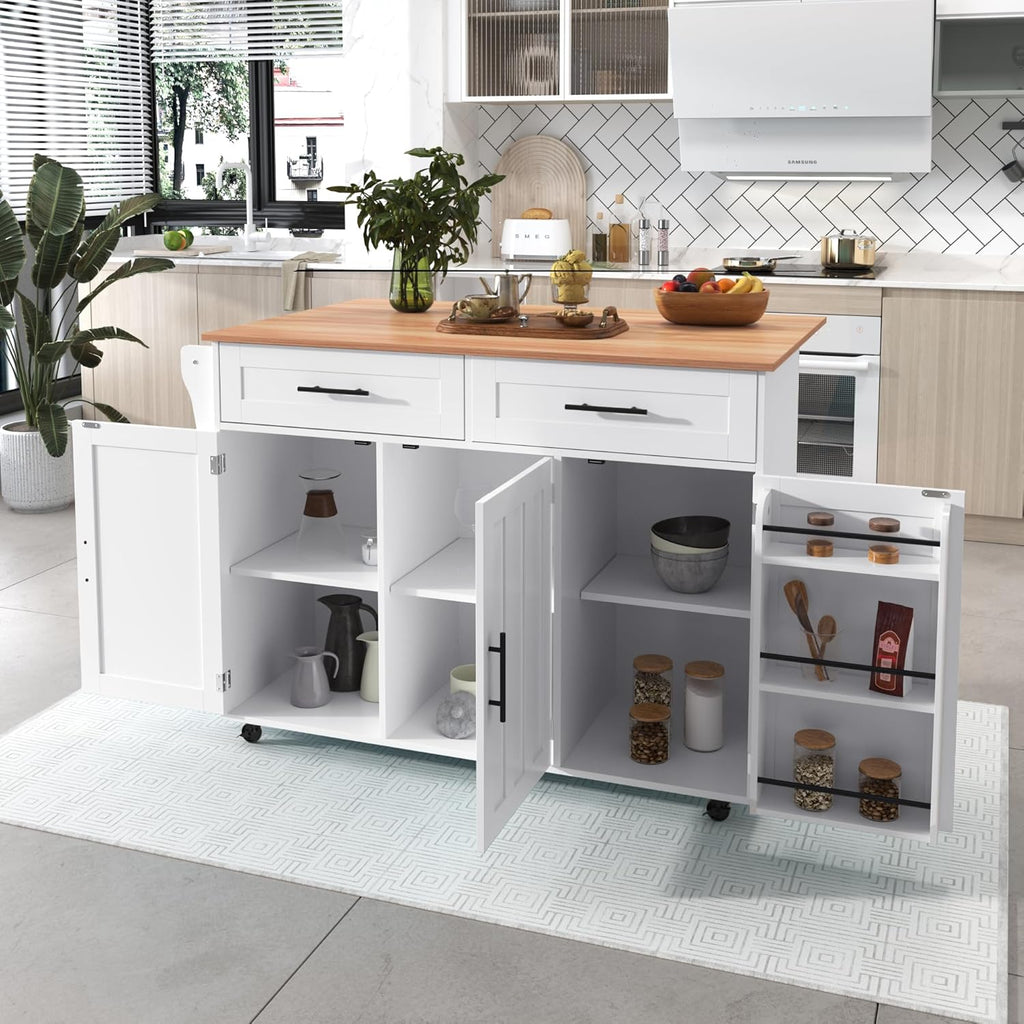 Desserte îlot de cuisine sur roulettes avec plan de travail rabattable, 2 tiroirs et 3 portes, blanc, 129 × 71 × 91,5 cm
