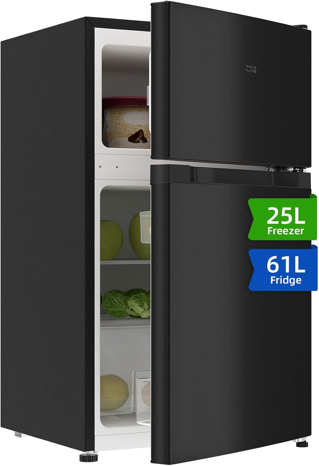 CHIQ Réfrigérateur congélateur en haut Réfrigérateur congélateur - 86 L (61/25L) - Portes réversibles, Congélateur 4 étoiles, Machine à glaçons, Garantie compresseur 12 ans, Classe E