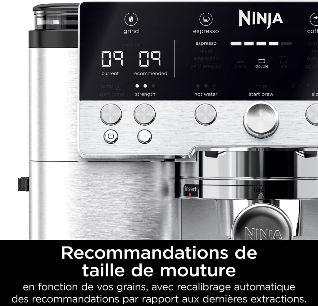 NINJA Machine à café Luxe Essential 2-en-1, Latte, Cappuccino et Espresso avec broyeur à grains et mousseur à lait intégrés, facile à utiliser, 2 préréglages mousse, argent, ES501EU