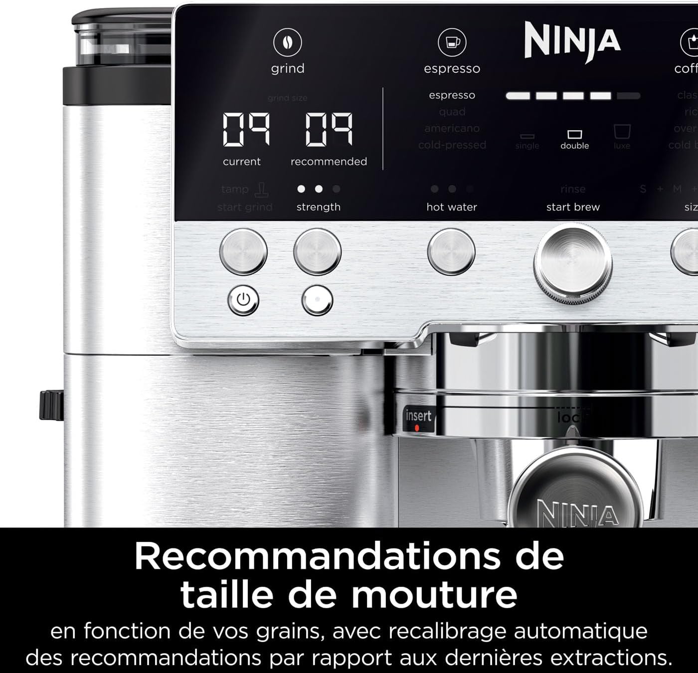 NINJA Machine à café Luxe Essential 2-en-1, Latte, Cappuccino et Espresso avec broyeur à grains et mousseur à lait intégrés, facile à utiliser, 2 préréglages mousse, argent, ES501EU