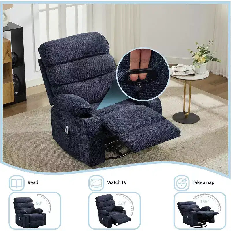 Massage Rocker Recliner with Heating, 360 Swivel Glider Recliner Chairs for Adults, Linen Nursery Chair with Side Pocket, Two Cup Holders
