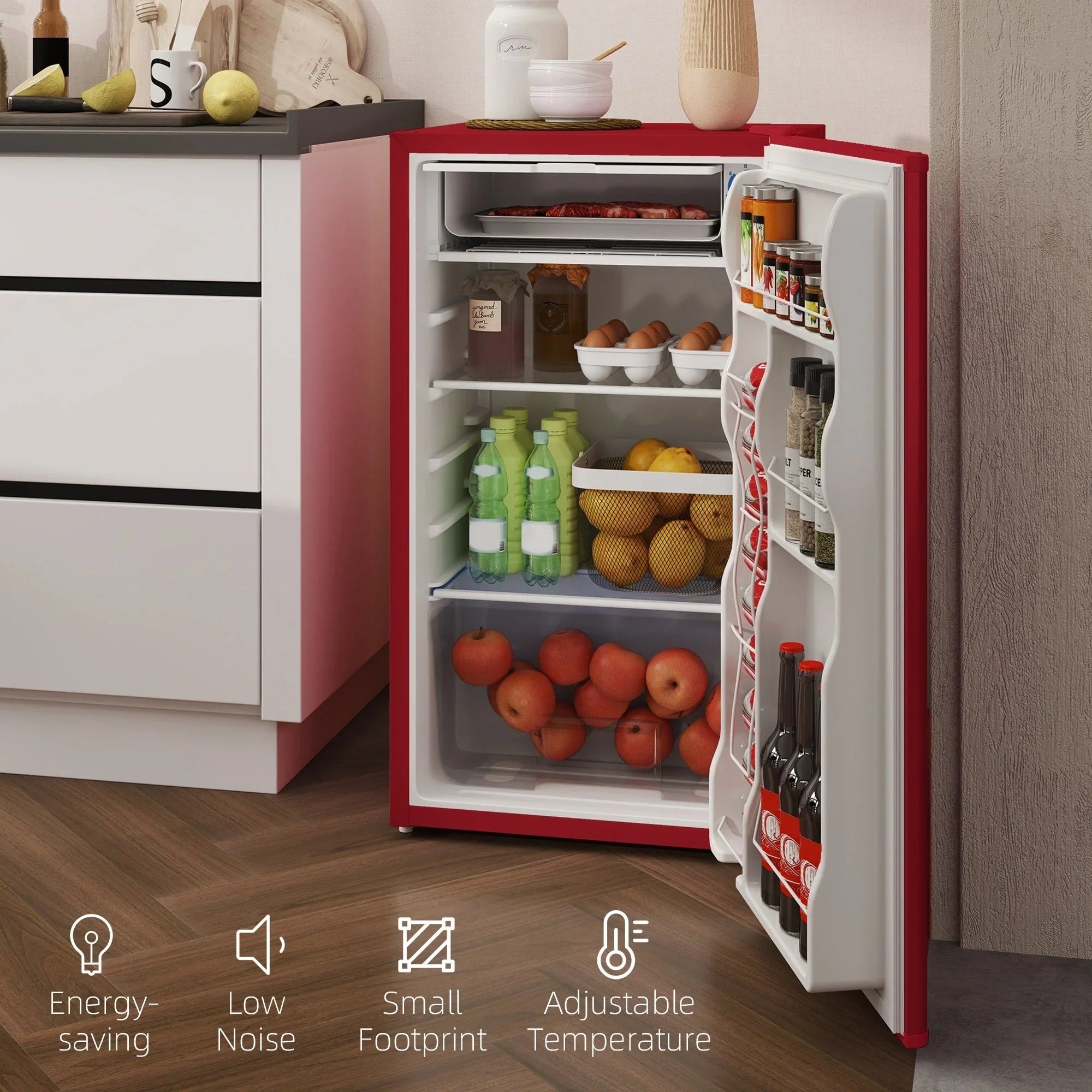 HOMCOM 3.2 Cu.Ft Mini Fridge with Freezer, Single Door Compact Refrigerator with Adjustable Thermostat for Bedroom