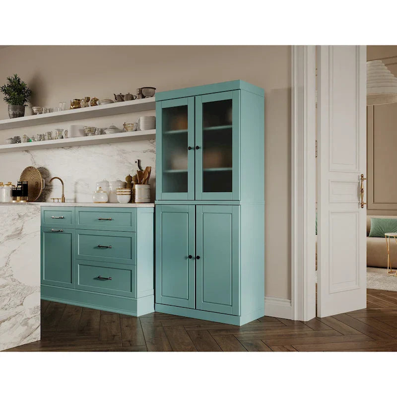 100% Solid Wood Pantry Cabinet with Frosted Glass Doors, Solid Doors, 2-Drawers and Adjustable Shelves