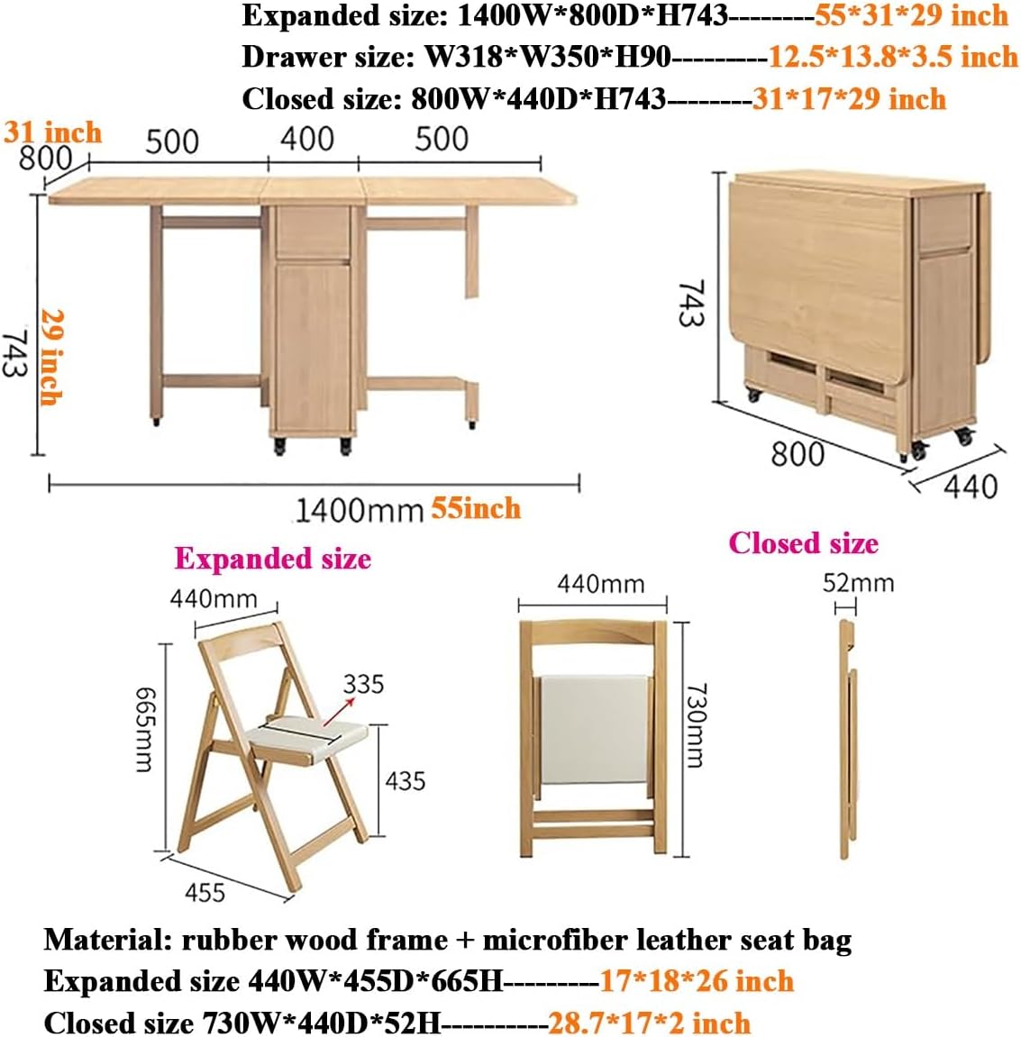 Table à manger pliante avec chaises, table à abattant rétractable en bois massif avec tiroir de rangement, extensible