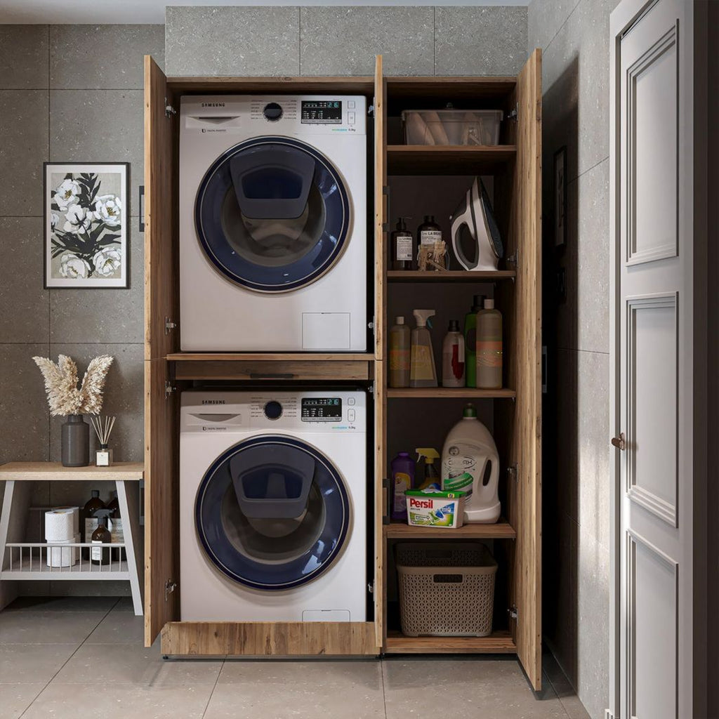 ROOMART Dora - Meuble pour machine à laver - Pour sèche-linge et machine à laver - En 4 couleurs - Avec portes et panneau coulissant - Blanc - Chêne blanc - Chêne anthracite - Chêne blanc (chêne blanc)