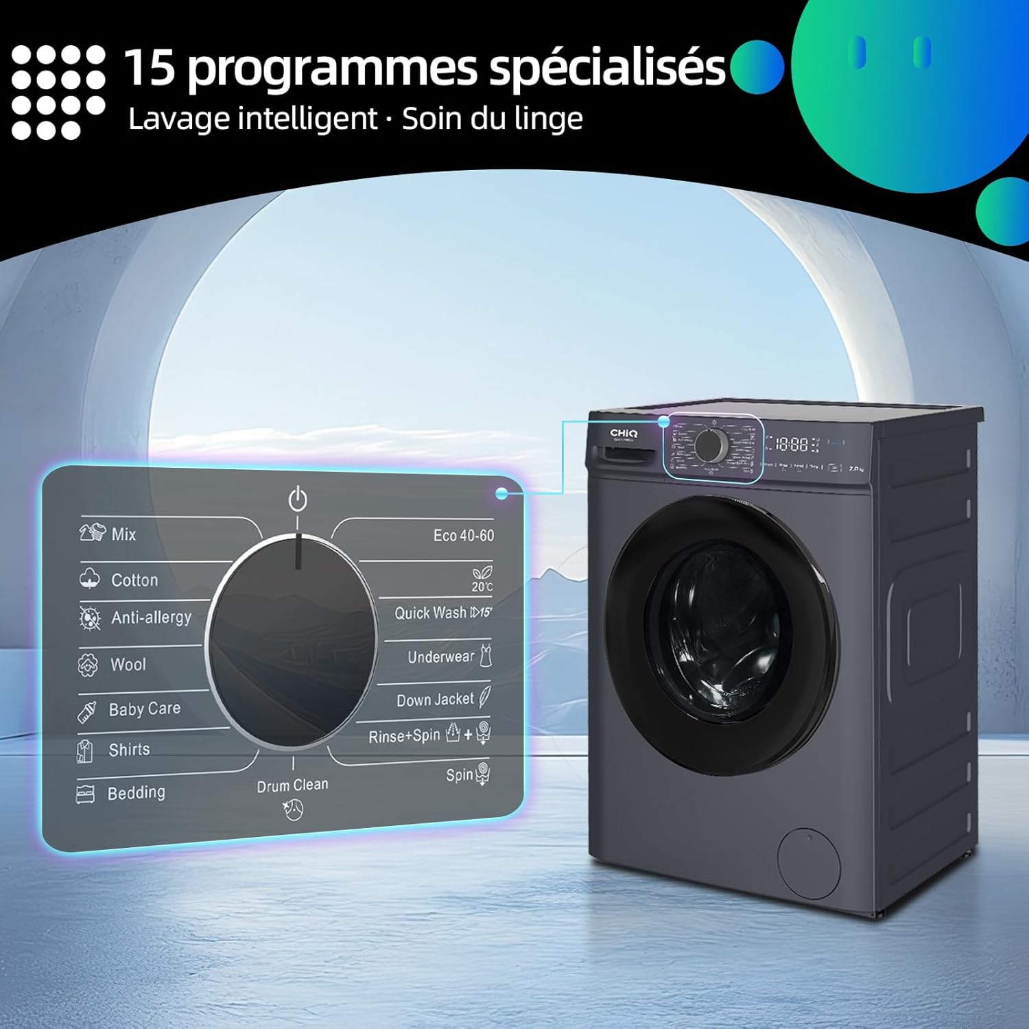 CHiQ CW07123863AX Lave linge hublot - 7kg, Classe énergétique A, Moteur BLDC 1200 RPM, Lavage vapeur & rapide, 15 programmes, Design compact (60x46.5x84cm) - Gris