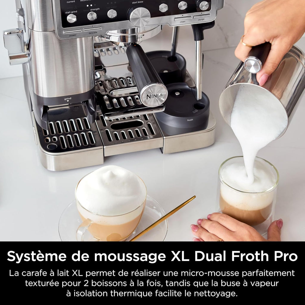 NINJA Machine à café Luxe Essential 2-en-1, Latte, Cappuccino et Espresso avec broyeur à grains et mousseur à lait intégrés, facile à utiliser, 2 préréglages mousse, argent, ES501EU