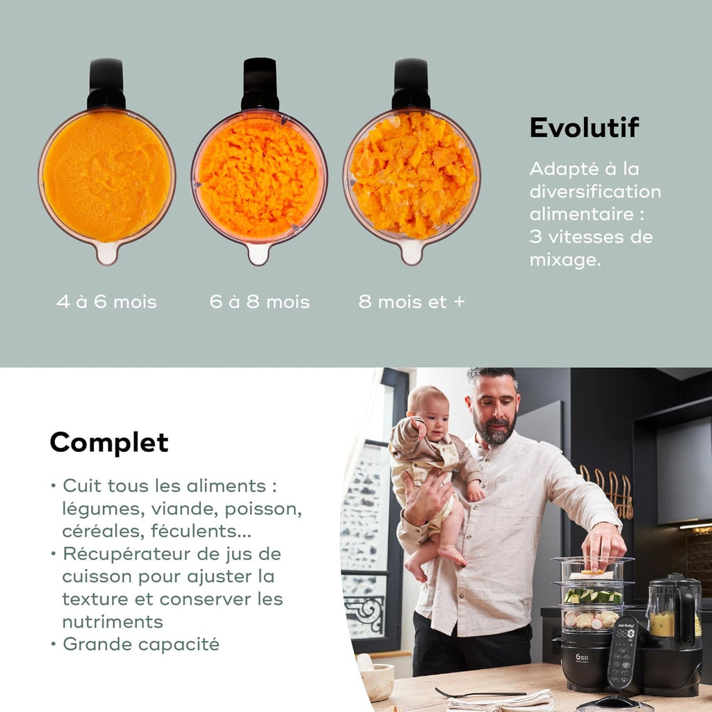 Babymoov Robot Cuiseur Bébé Nutribaby(+) XL - Grande Capacité 2,9L - Jusqu'à 14 Repas en 1 Cycle - 6 Fonctions en 1-2 Paniers Vapeur - Diversification Alimentaire - Mixeur Cuiseur Bébé, Noir