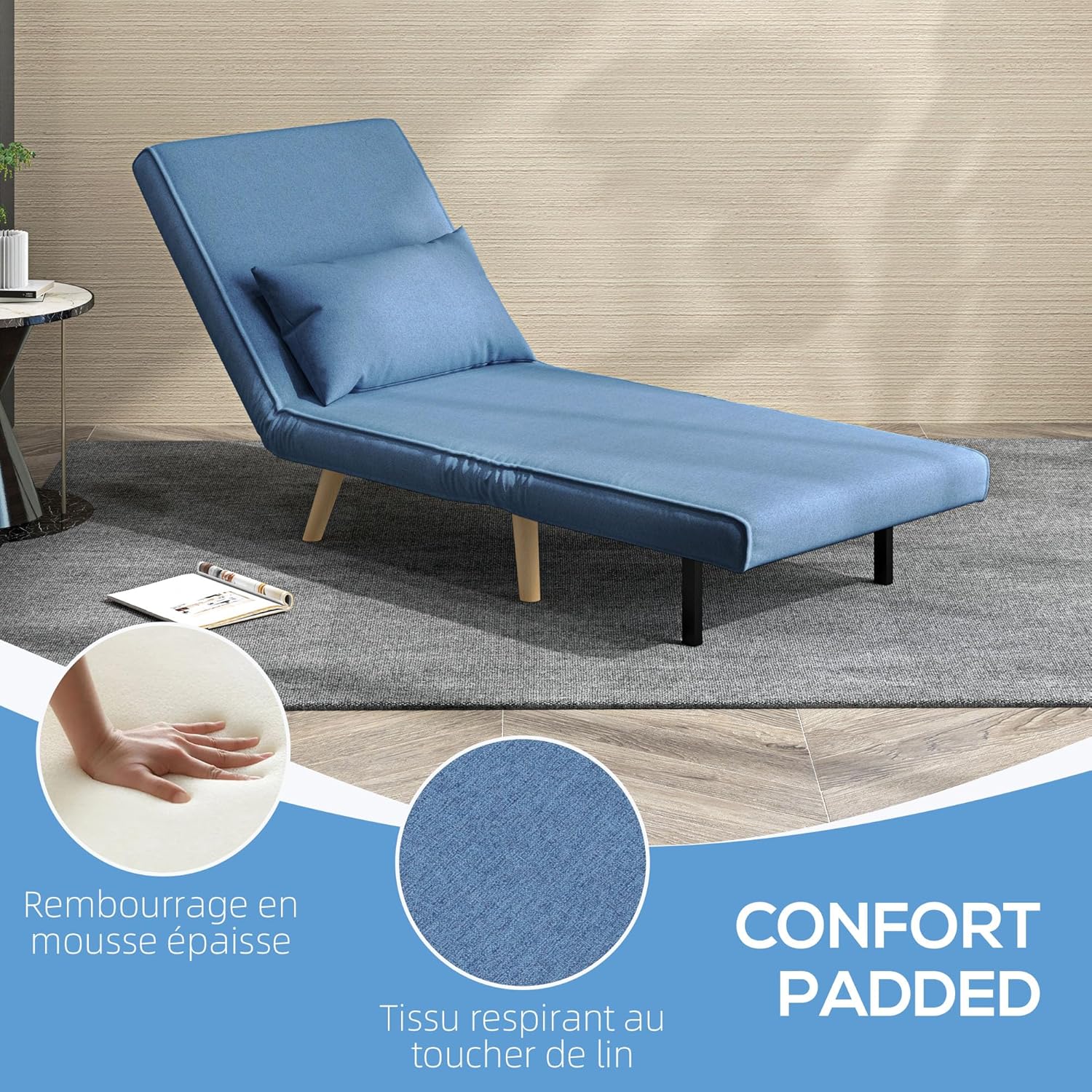 HOMCOM 3 en 1 Fauteuil Convertible 1 Place, Fauteuil lit et chauffeuse - Dossier inclinable 5 Niveaux et Oreiller Inclus, siège rembourré - pour Bureau, Salon, Chambre à Coucher, Bleu
