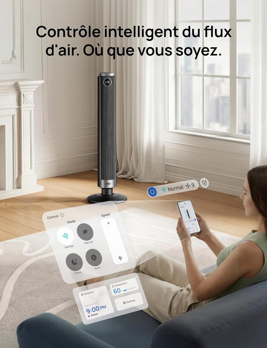 DREO Ventilateur colonne intelligent 554S, ventilateur sur pied réglable 102–114 cm, 8.4 m/s, oscillation 90°, silencieux 20 dB, 9 vitesses, 4 modes, minuterie 12 h, compatible Google et Alexa