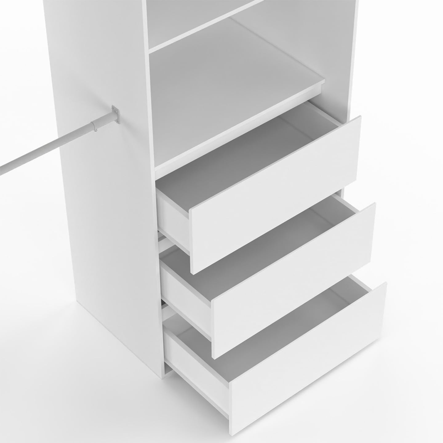 IDMarket - Dressing extensible MARTY 120/170 x 50 x 180 cm blanc avec 3 tiroirs + étagères + double penderie + rideau gris