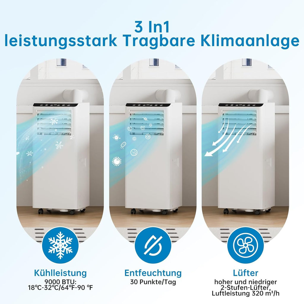 Climatiseur Mobile 9000 BTU, Mobile Klimageräte Avec Tuyau d’évacuation, Climatiseur Mobile Silencieux