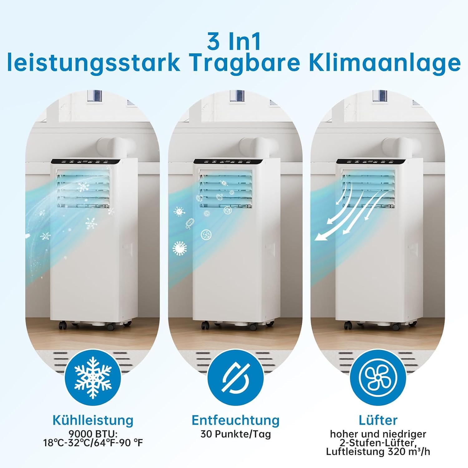Climatiseur Mobile 9000 BTU, Mobile Klimageräte Avec Tuyau d’évacuation, Climatiseur Mobile Silencieux