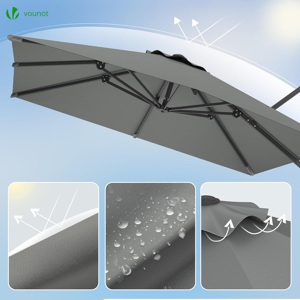 vounot® Parasol Déporté Carré 3x3M avec 8 Baleines Parasol de Jardin Extérieur Rotation 360° Inclinable 6 Positions Toile Polyester Anti UV et Imperméable avec Housse Gris Foncé