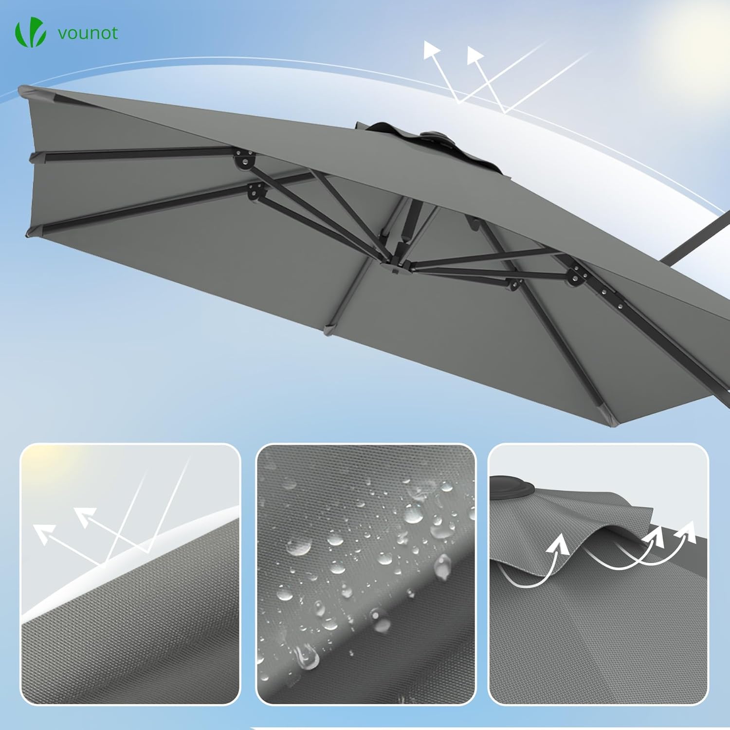 vounot® Parasol Déporté Carré 3x3M avec 8 Baleines Parasol de Jardin Extérieur Rotation 360° Inclinable 6 Positions Toile Polyester Anti UV et Imperméable avec Housse Gris Foncé