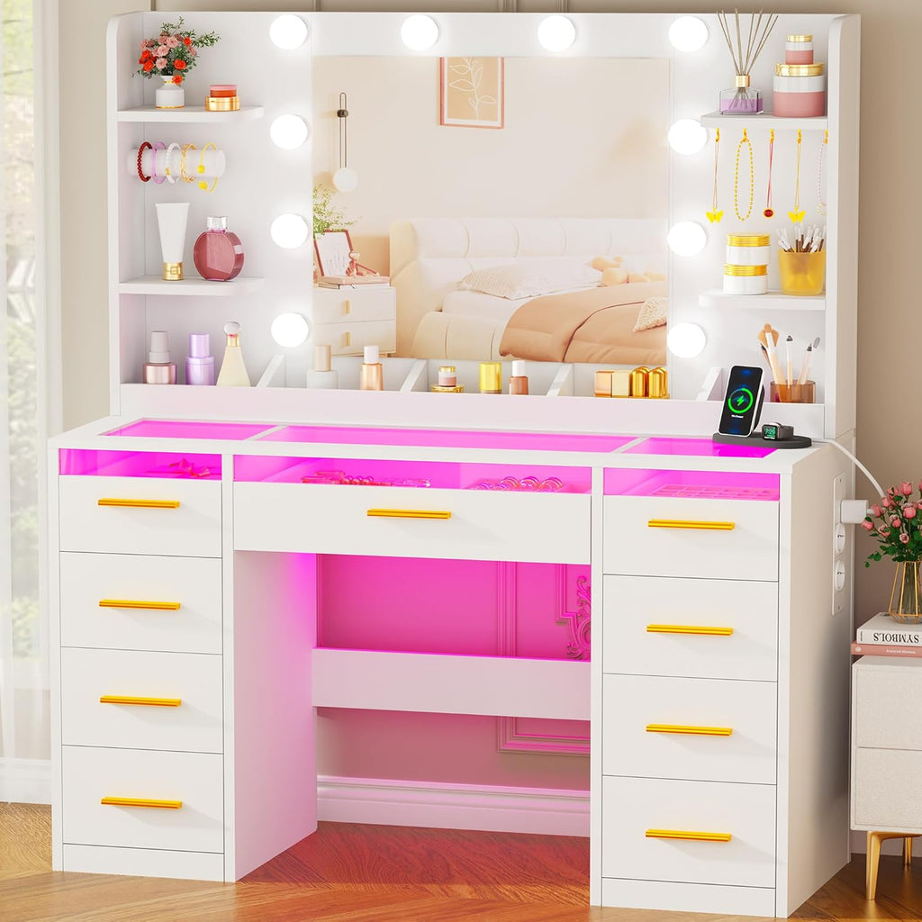 ANWBROAD coiffeuse blanche avec miroir et éclairage LED 3 couleurs, plateau en verre, 9 tiroirs RGB, 4 étagères, prise intégrée
