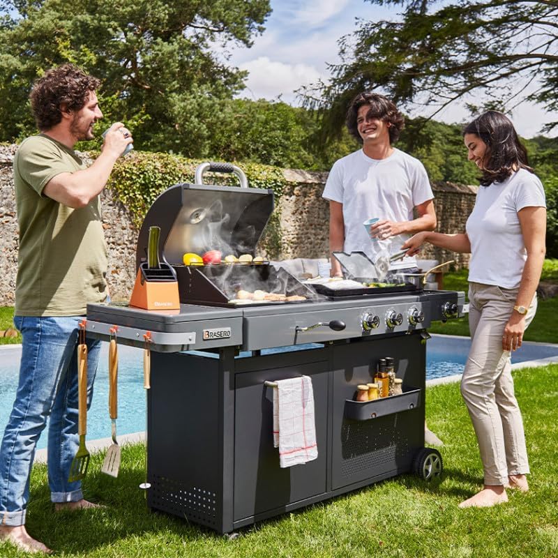 - Barbecue Bi-Energy Gun Metal XL - Barbecue Charbon et Plancha 60 x 42 cm à gaz avec brûleur latéral -12,95 KW