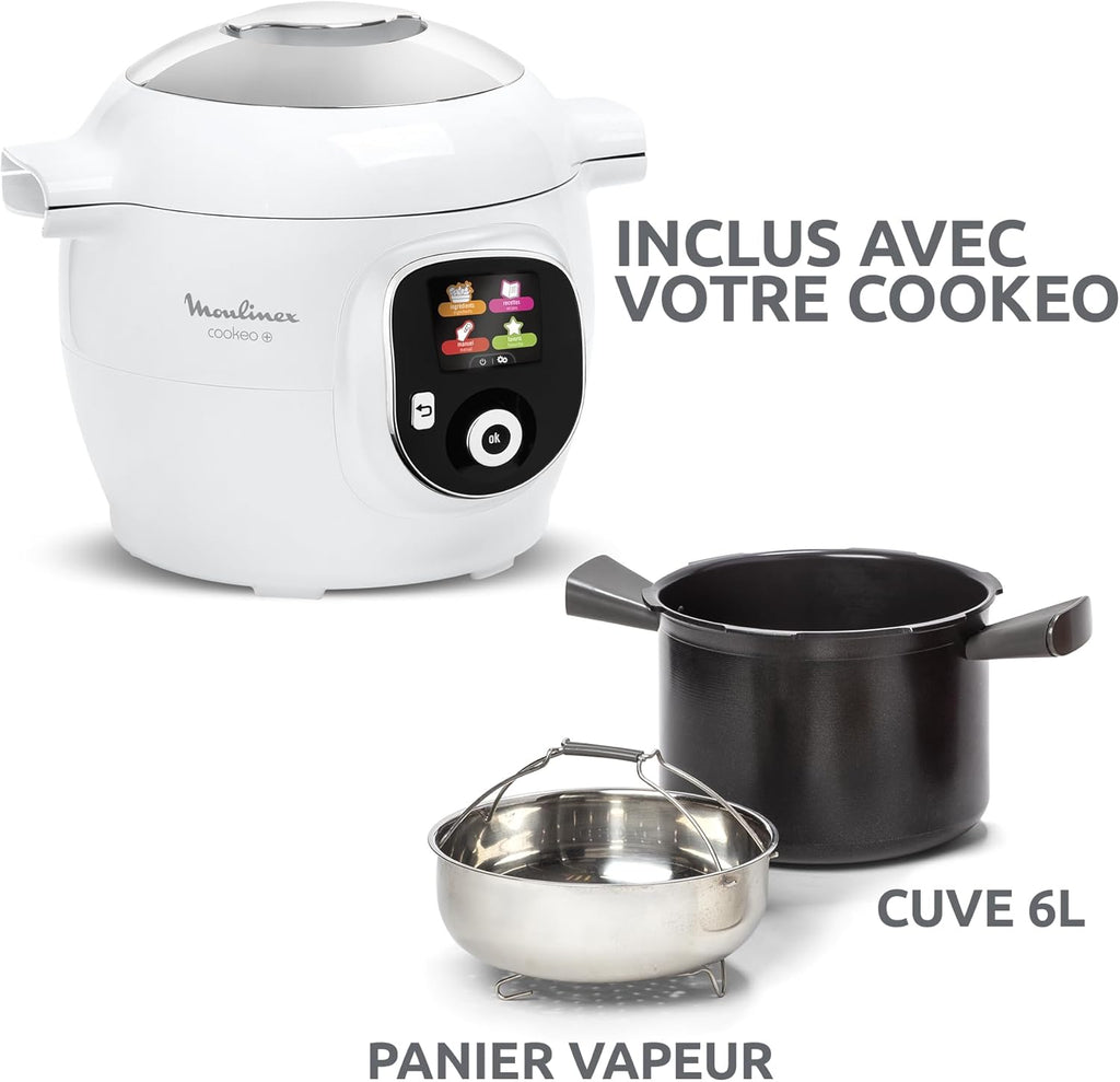 Moulinex, Cookeo Multicuiseur intelligent 6L, 80 recettes intégrées, Cuisson sans surveillance, Ecran intuitif, Guide de cuisson, Application MyMoulinex, 1600W, Blanc, 15 ans réparabilité CE854110