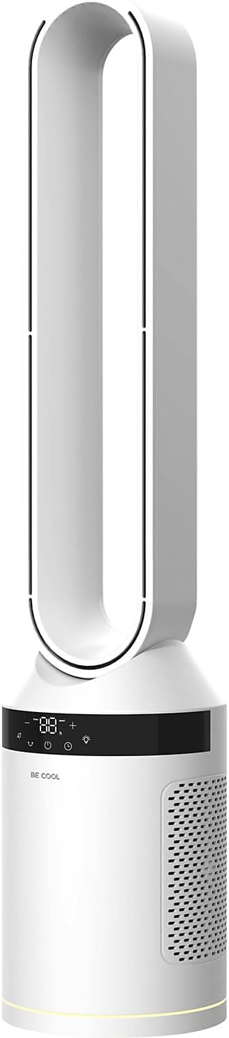 BE COOL Ventilateur tour sans rotor 40 W, moteur CC silencieux, 12 niveaux, 3 modes, oscillation à 70°, minuterie 12h, télécommande, écran tactile LED, fonction anions, éclairage ambiant