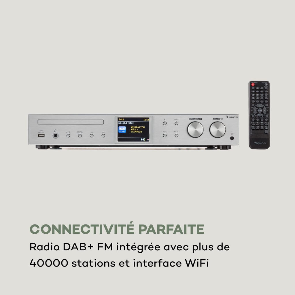 AUNA iTuner CD Récepteur HiFi - Tuner Internet Radio, Tuner HiFi, Radio FM, Dab+, Lecteur CD, Connexions Multiples, WiFi, Spotify Connect, UNDOK, USB - no Bluetooth, Argent