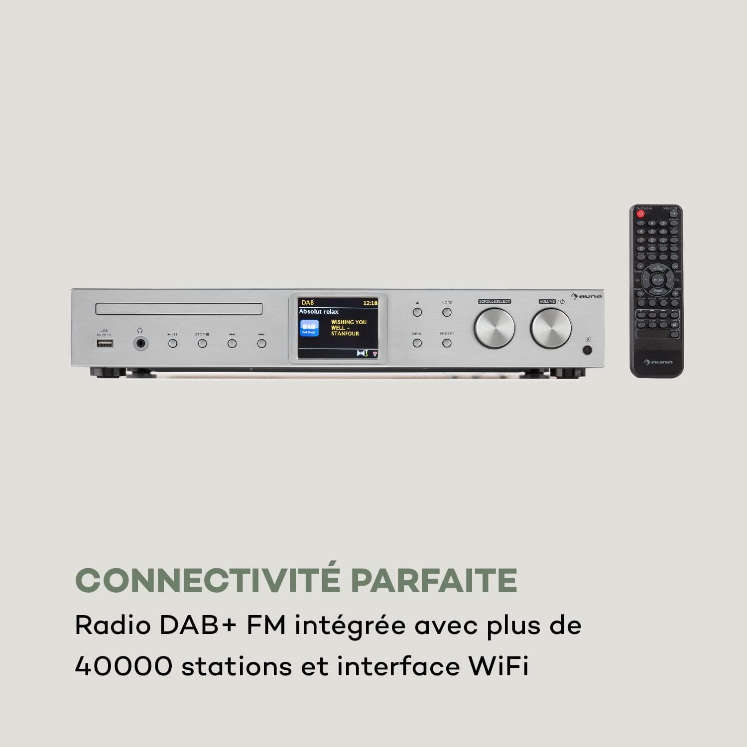 AUNA iTuner CD Récepteur HiFi - Tuner Internet Radio, Tuner HiFi, Radio FM, Dab+, Lecteur CD, Connexions Multiples, WiFi, Spotify Connect, UNDOK, USB - no Bluetooth, Argent